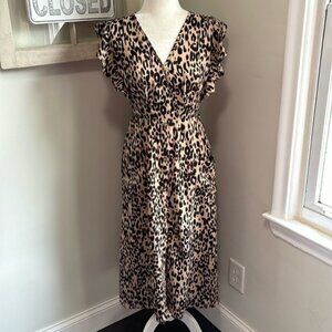 Sienna Sky Leopard Faux Wrap Top Button Front Tie Waist Frill Sleeves Dress NWT